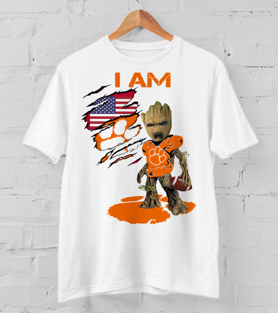 I AM Clemson Baby Groot American Flag Tiger Paw Football T-Shirt