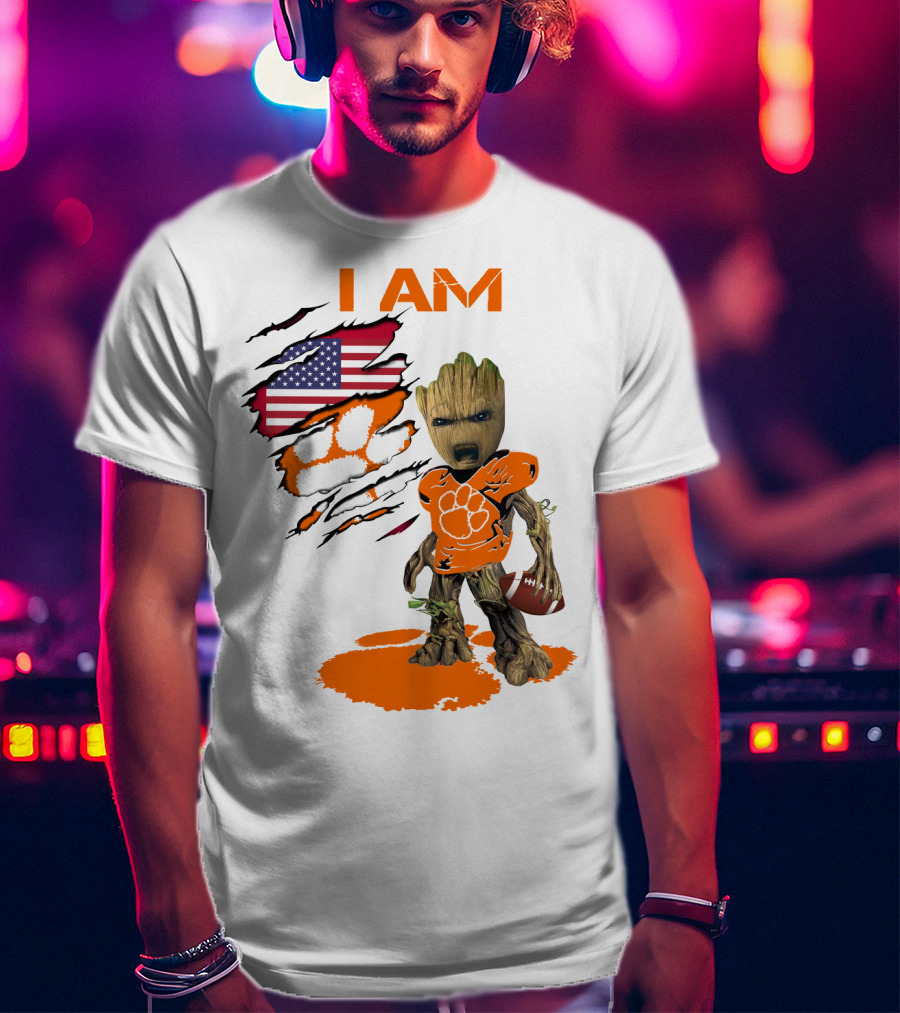 I AM Clemson Baby Groot American Flag Tiger Paw Football T-Shirt