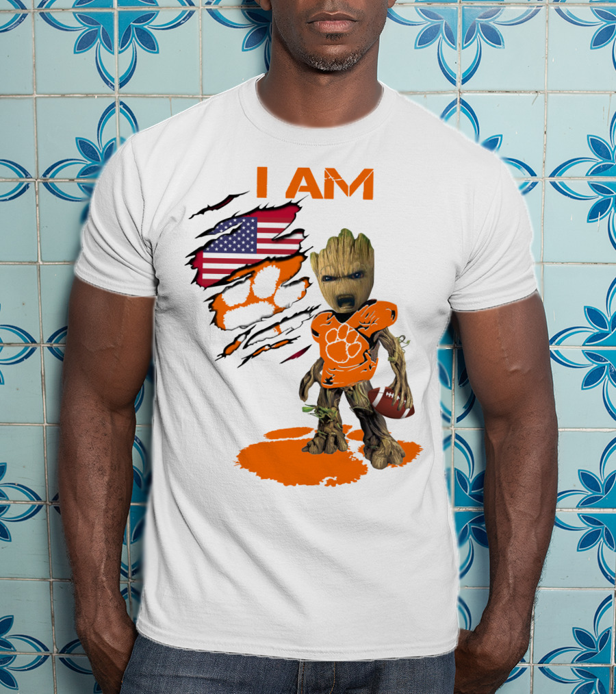 I AM Clemson Baby Groot American Flag Tiger Paw Football T-Shirt