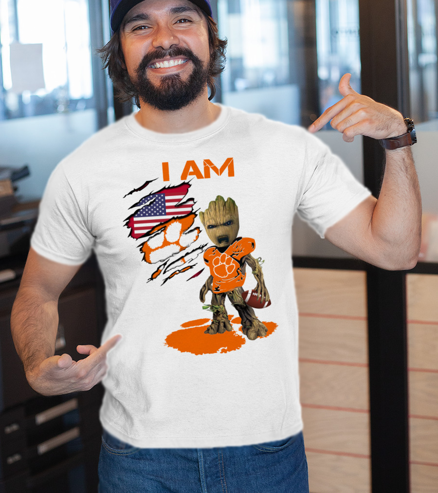 I AM Clemson Baby Groot American Flag Tiger Paw Football T-Shirt