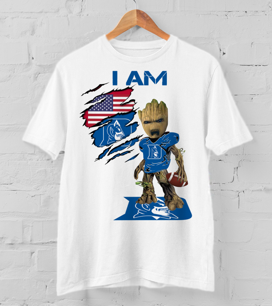 I Am Duke Baby Groot Holding Football With American Flag T-Shirt