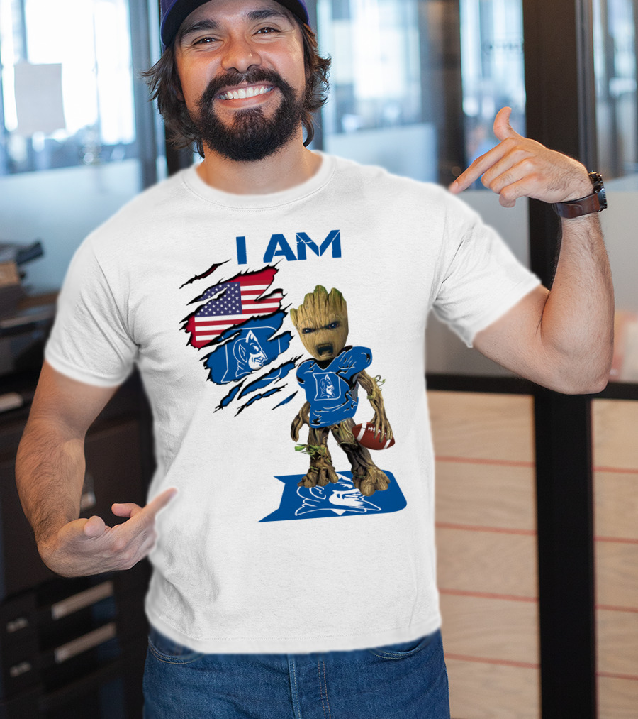 I Am Duke Baby Groot Holding Football With American Flag T-Shirt