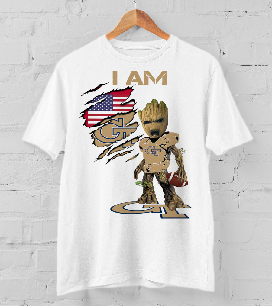 I AM Geo Baby Groot Football GT American Flag T-Shirt