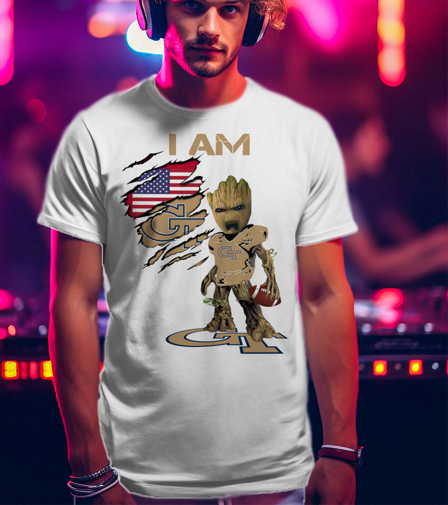 I AM Geo Baby Groot Football GT American Flag T-Shirt