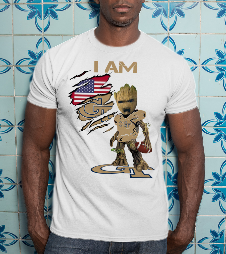 I AM Geo Baby Groot Football GT American Flag T-Shirt