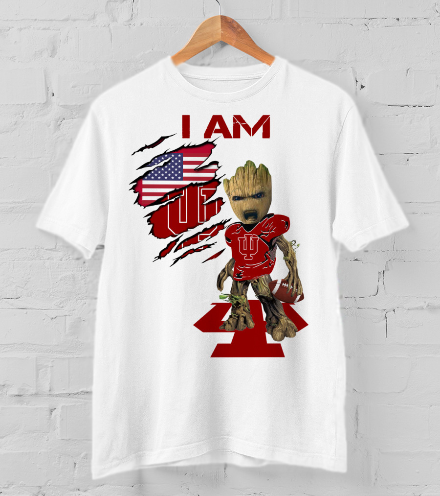 I AM Indiana Hoosiers Baby Groot Football USA Flag T-Shirt