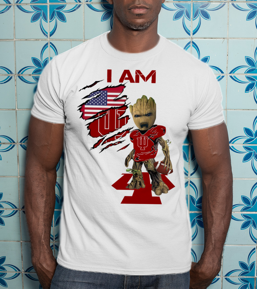 I AM Indiana Hoosiers Baby Groot Football USA Flag T-Shirt