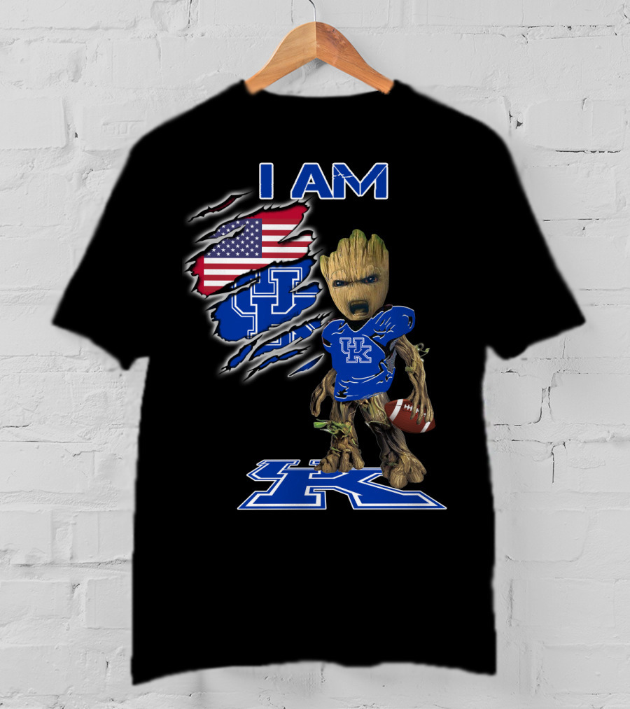 I Am Kentucky Uk Baby Groot American Flag Football Uk Wildcats Fan T-Shirt