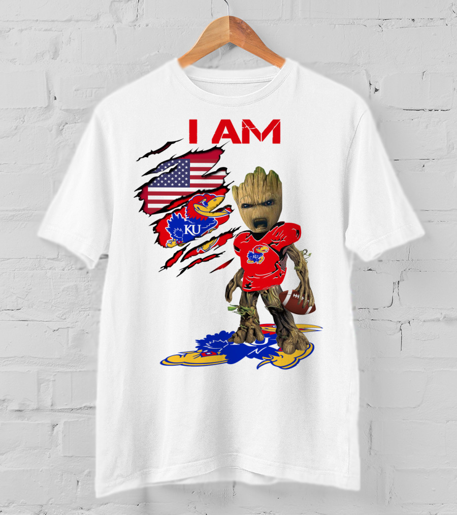 I AM Baby Groot KU Football Jayhawks American Flag T-Shirt