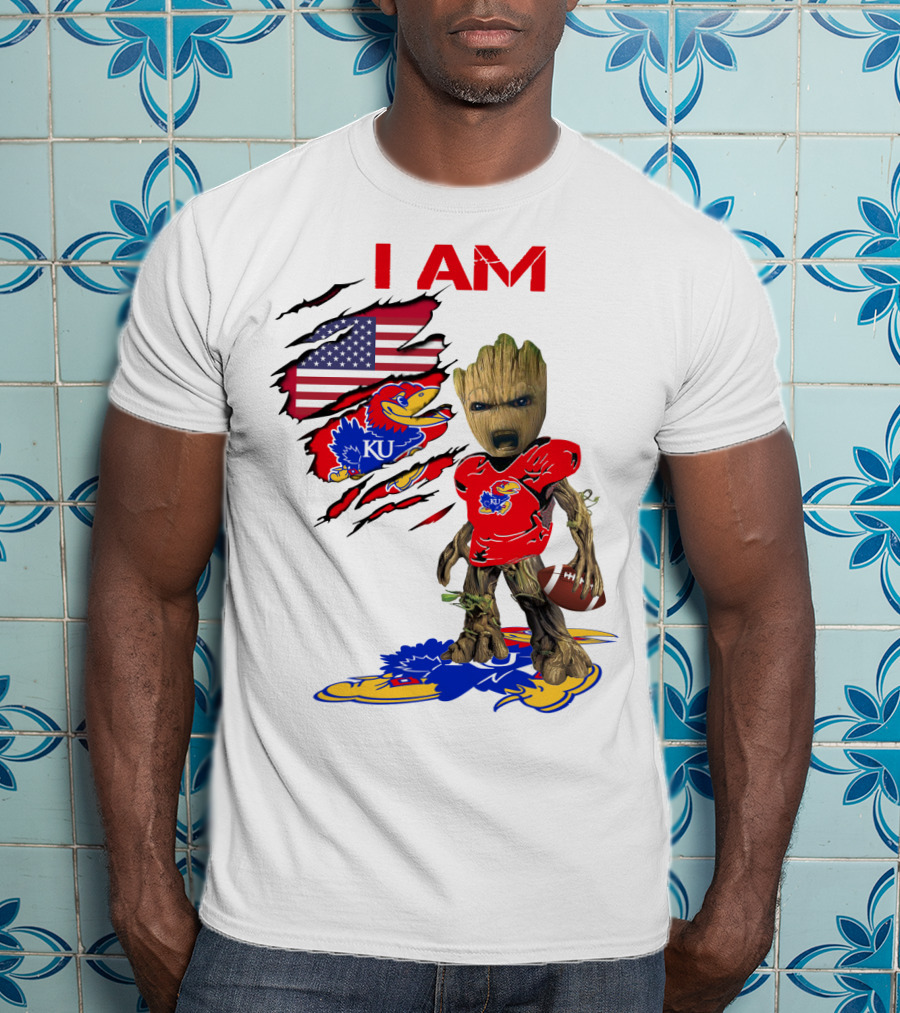 I AM Baby Groot KU Football Jayhawks American Flag T-Shirt