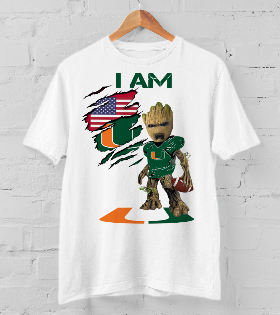 I AM Miami Hurricanes Baby Groot Football USA Flag T-Shirt