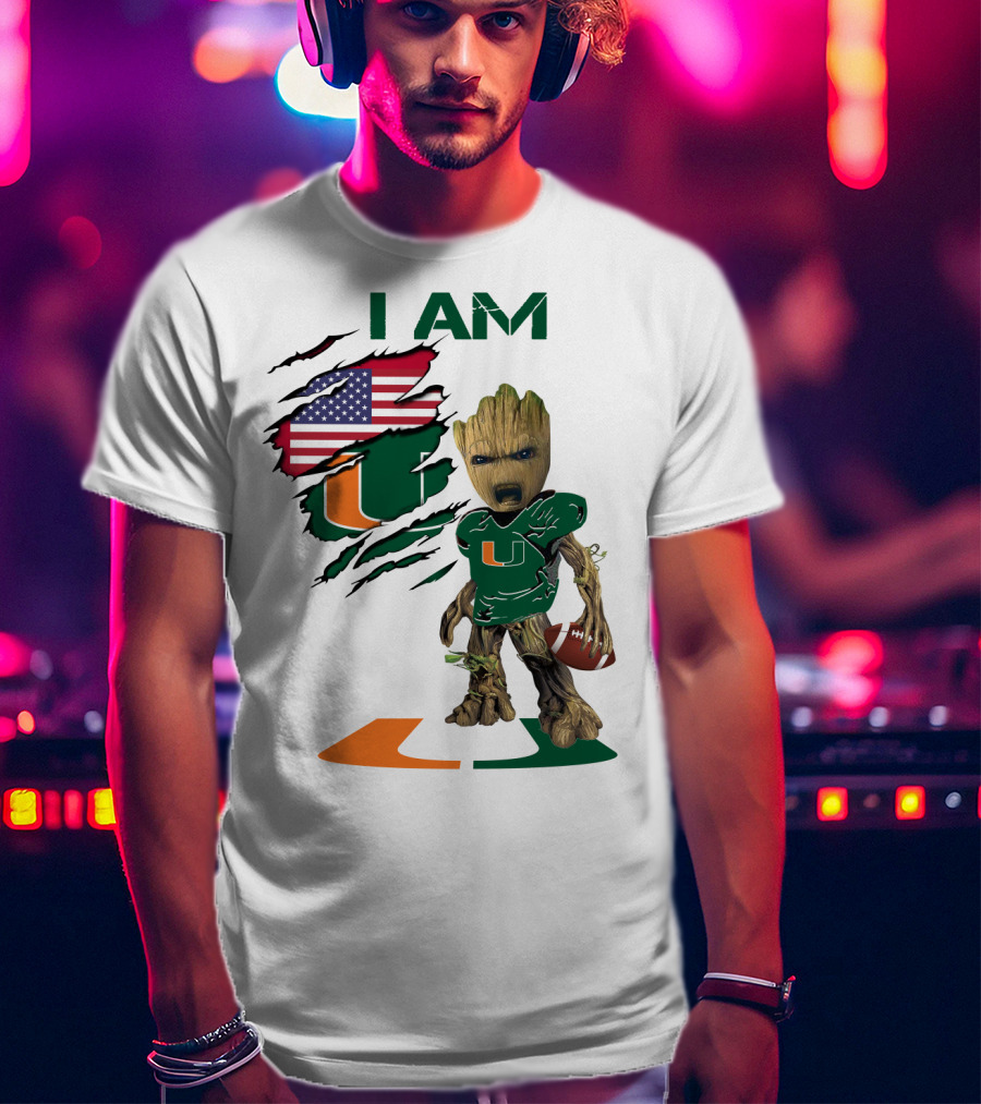 I AM Miami Hurricanes Baby Groot Football USA Flag T-Shirt