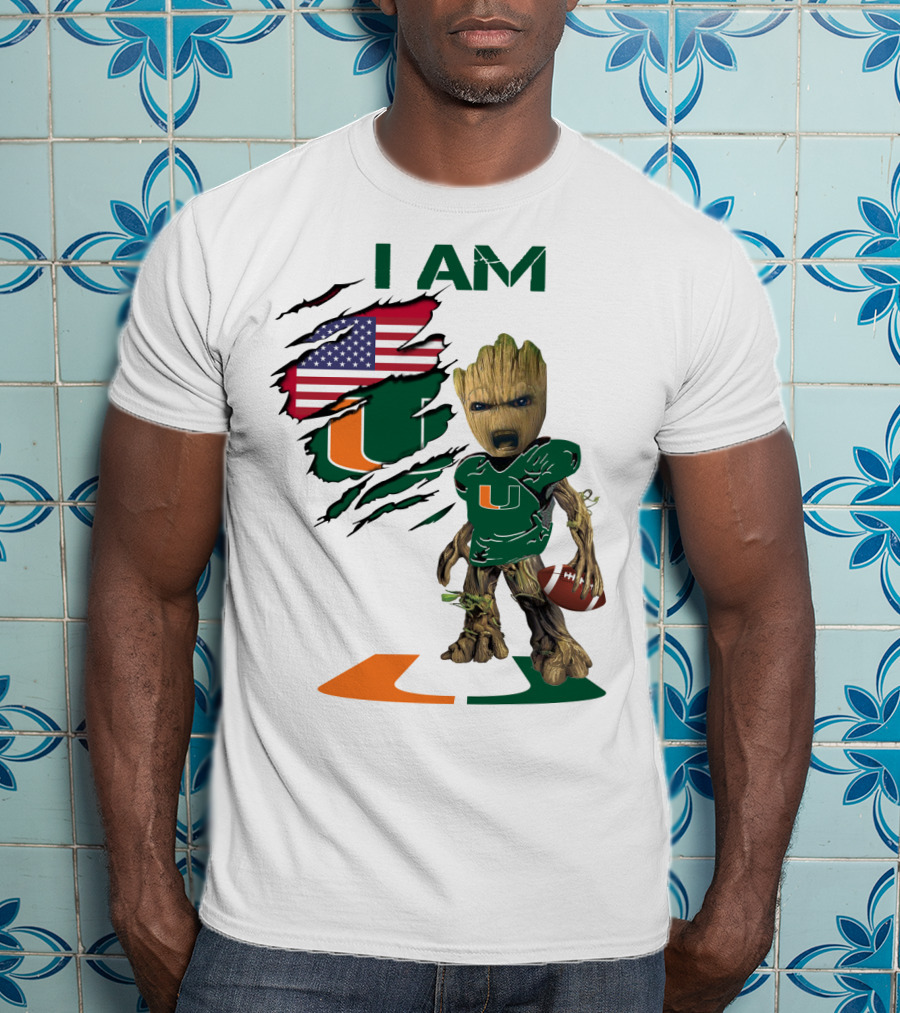 I AM Miami Hurricanes Baby Groot Football USA Flag T-Shirt