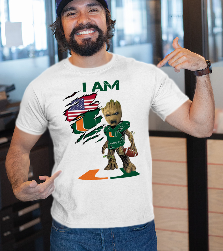 I AM Miami Hurricanes Baby Groot Football USA Flag T-Shirt