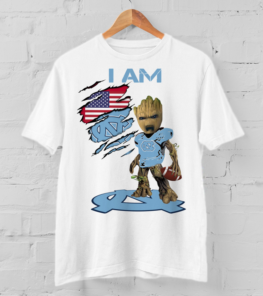 I Am Baby Groot Tarheels Football USA Flag T-Shirt