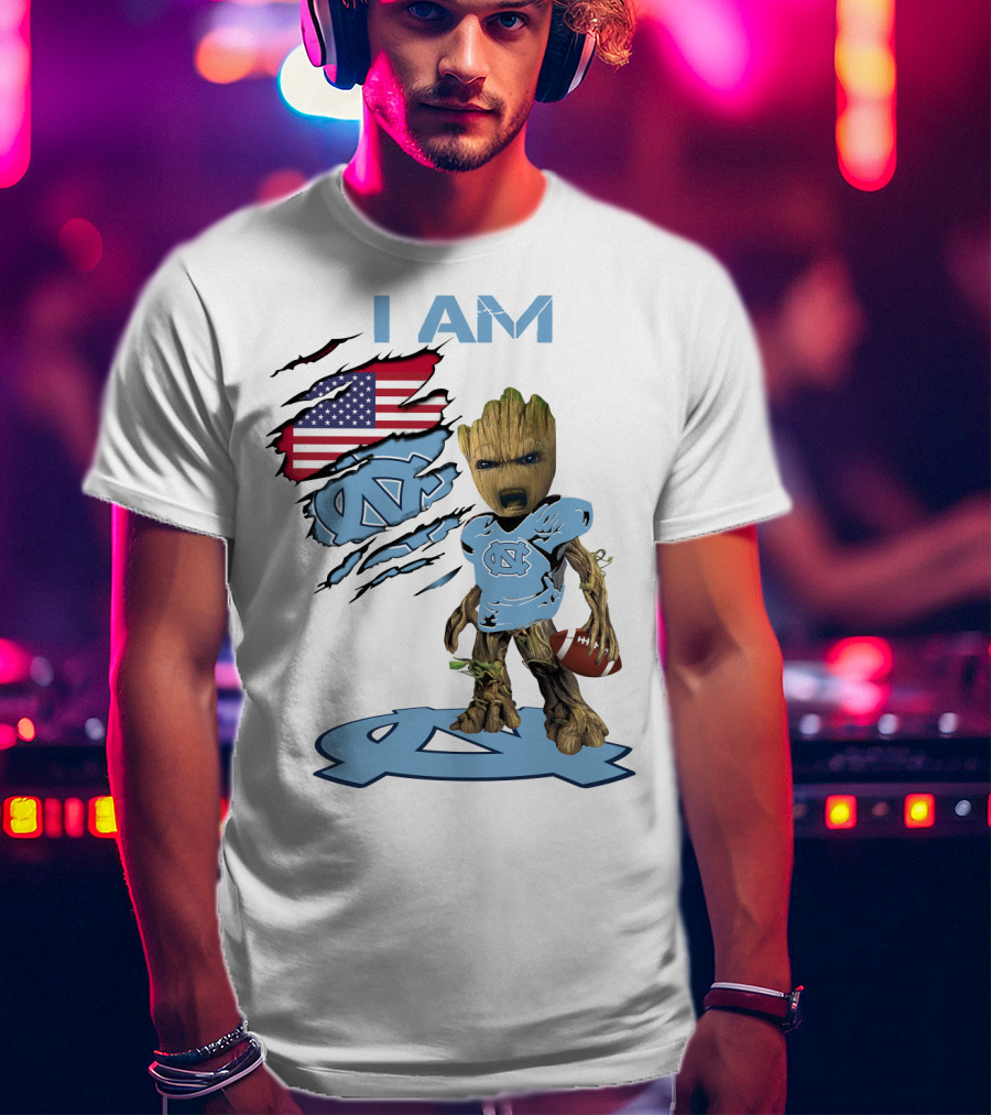 I Am Baby Groot Tarheels Football USA Flag T-Shirt
