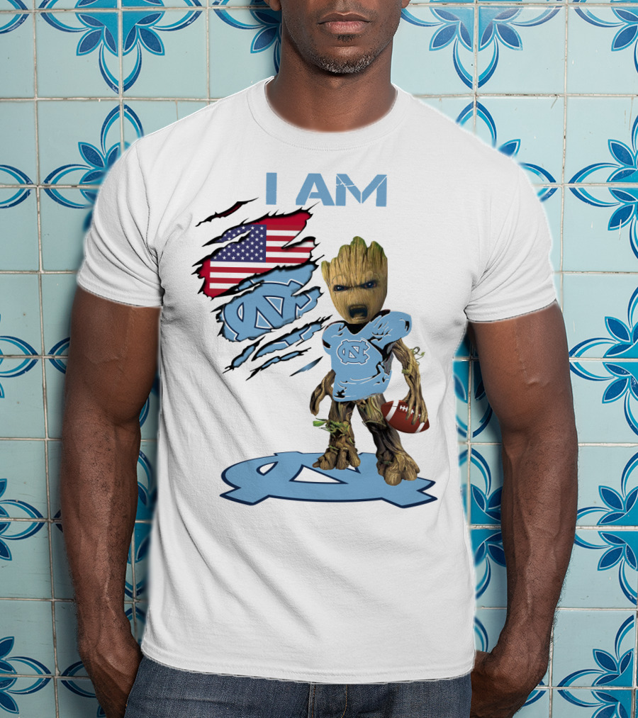 I Am Baby Groot Tarheels Football USA Flag T-Shirt
