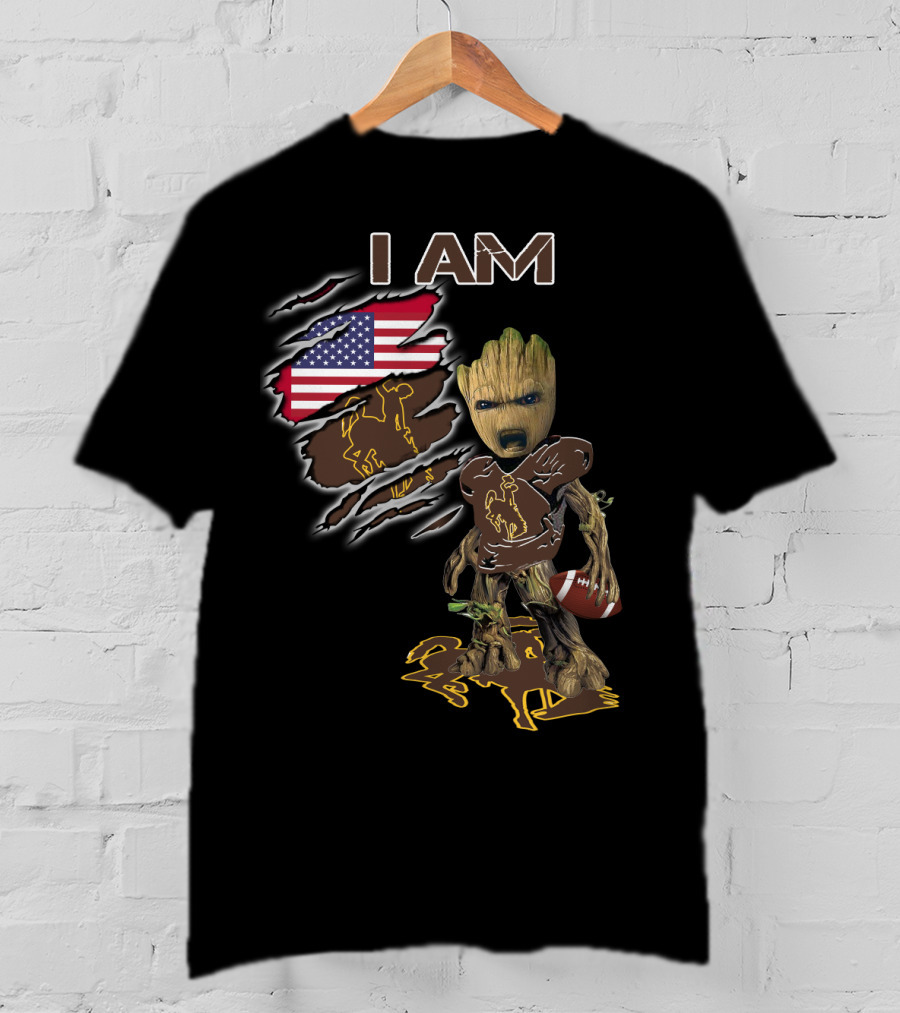 I Am Wyoming Baby Groot American Flag Cowboy Football Player T-Shirt
