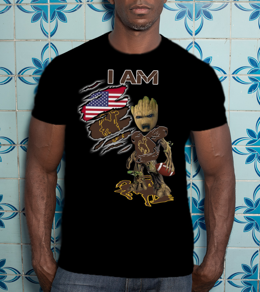 I Am Wyoming Baby Groot American Flag Cowboy Football Player T-Shirt