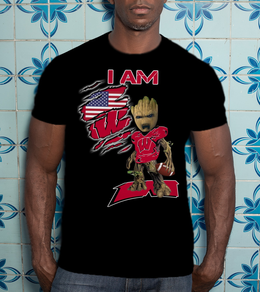 I Am Wisconsin Baby Groot Usa Flag Football W T-Shirt