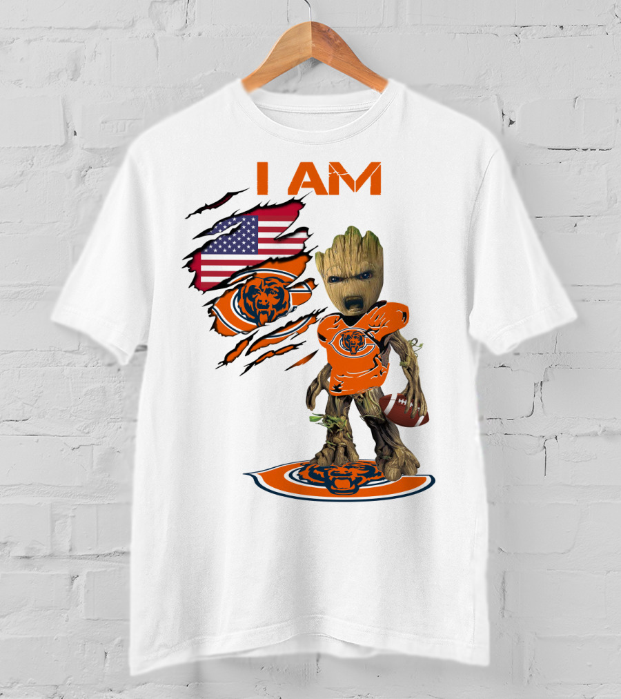 I AM Bears Baby Groot Holding Football With American Flag And Chicago Bears T-Shirt