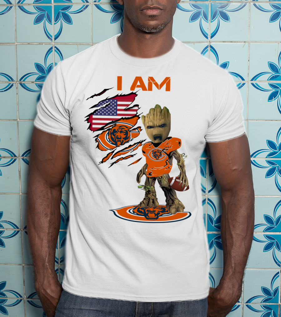 I AM Bears Baby Groot Holding Football With American Flag And Chicago Bears T-Shirt
