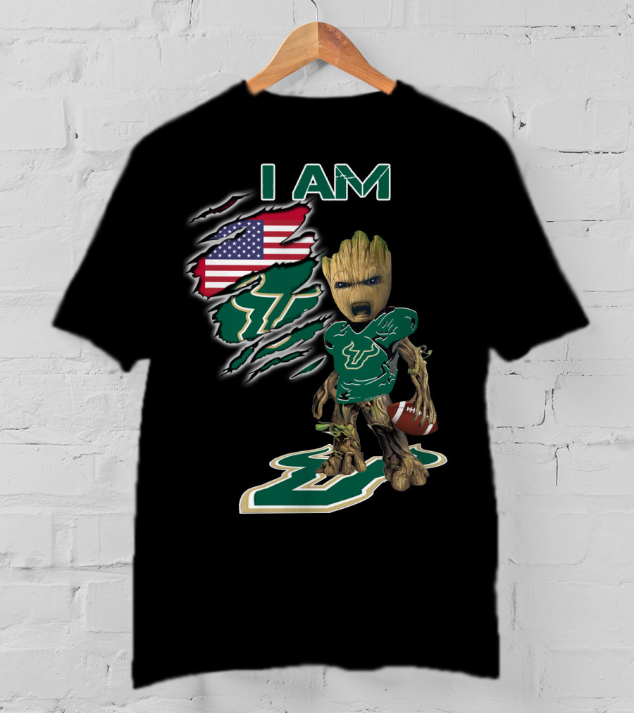 I Am Usf Baby Groot Holding Football With Usa Flag And Bulls T-Shirt