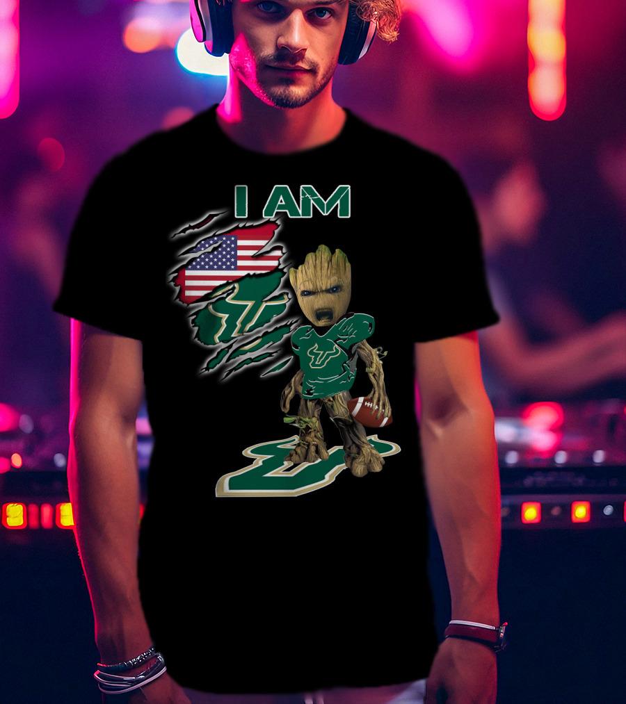 I Am Usf Baby Groot Holding Football With Usa Flag And Bulls T-Shirt