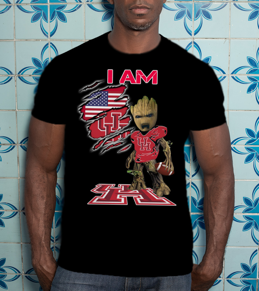 I Am Baby Groot Uh Football American Flag Houston T-Shirt
