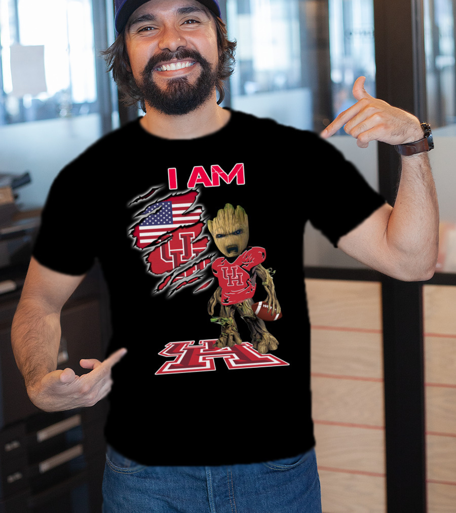 I Am Baby Groot Uh Football American Flag Houston T-Shirt