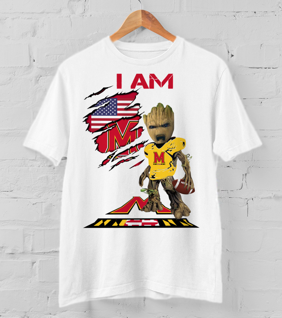 I Am Maryland Baby Groot Football M Logo American Flag T-Shirt