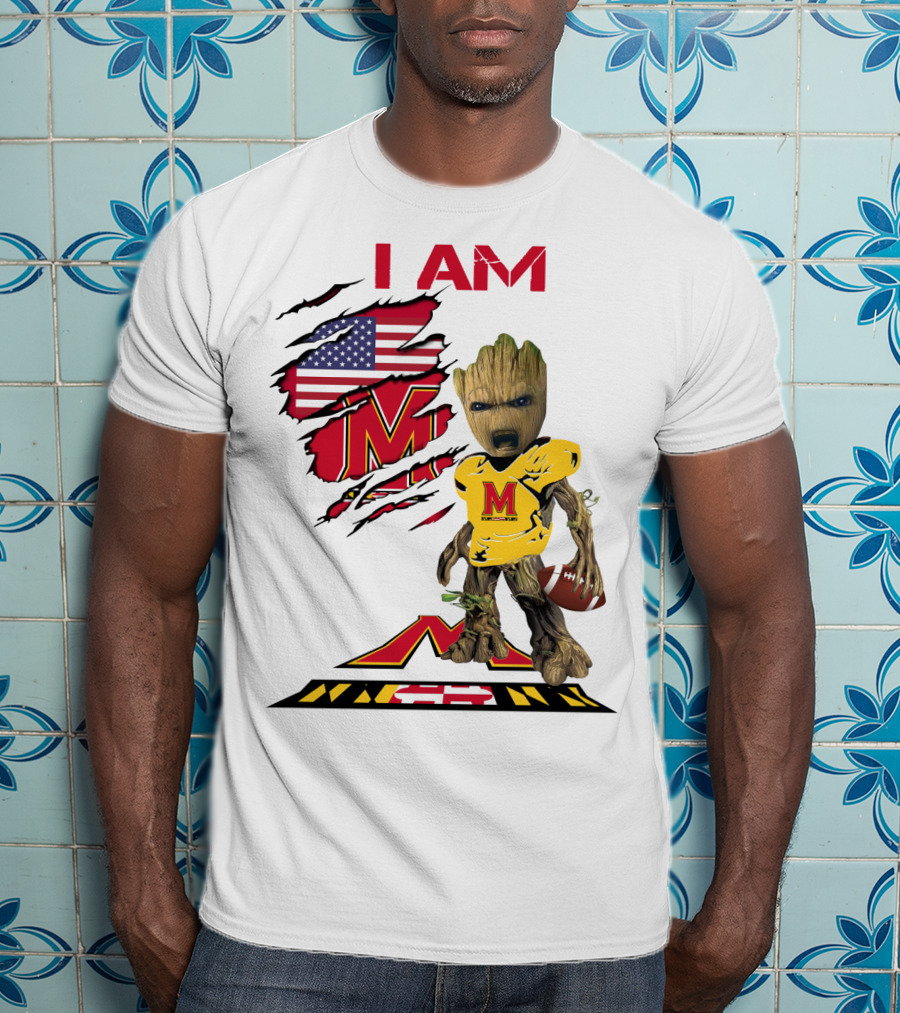 I Am Maryland Baby Groot Football M Logo American Flag T-Shirt