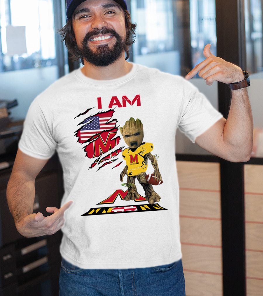 I Am Maryland Baby Groot Football M Logo American Flag T-Shirt