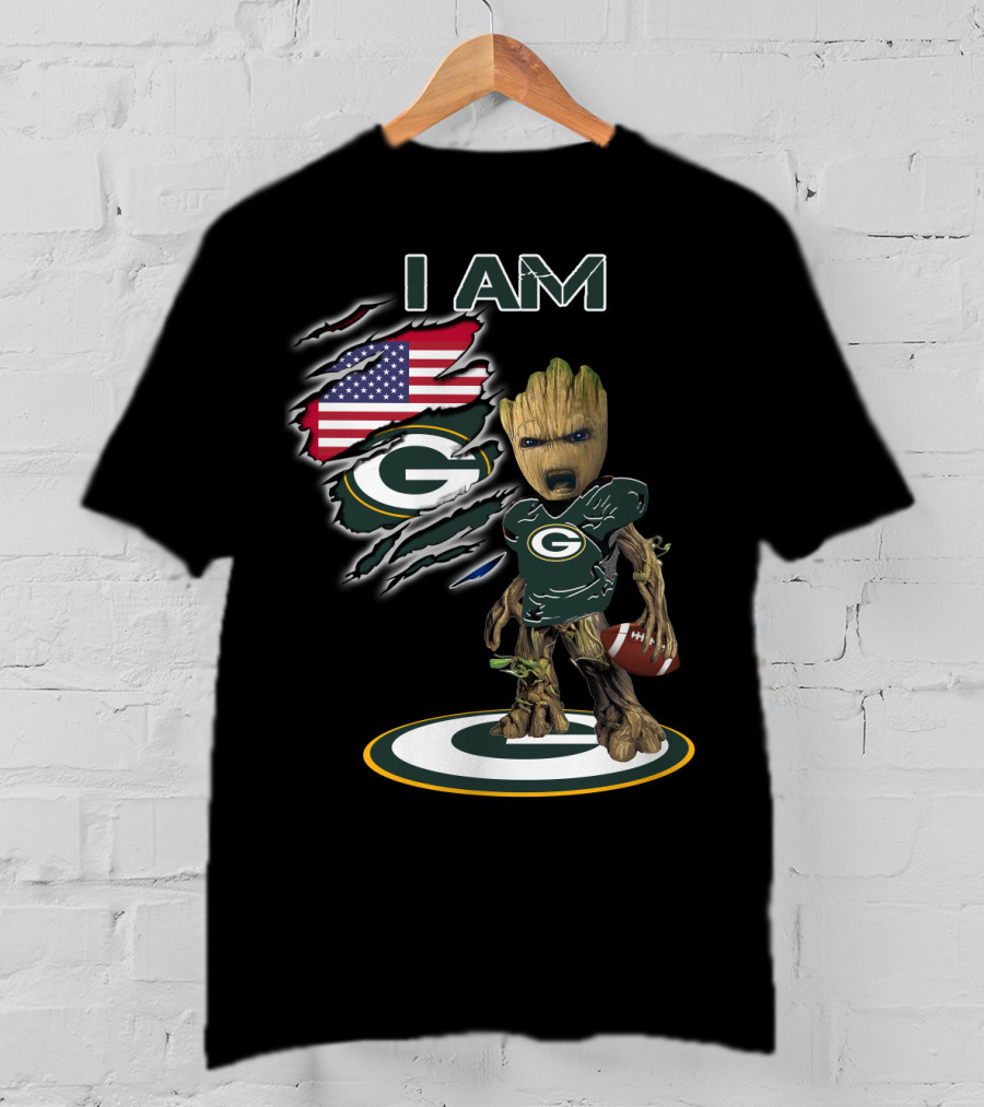 I Am Packers Baby Groot American Flag Football T-Shirt