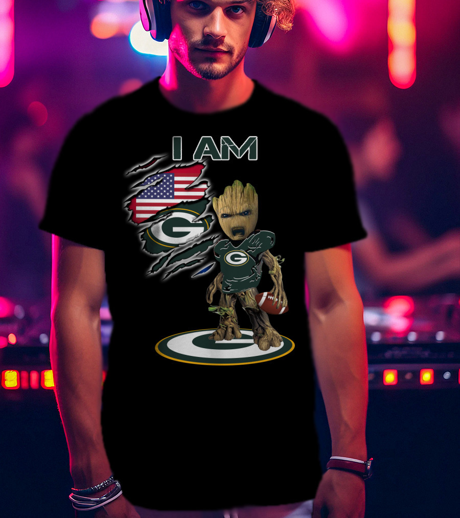 I Am Packers Baby Groot American Flag Football T-Shirt