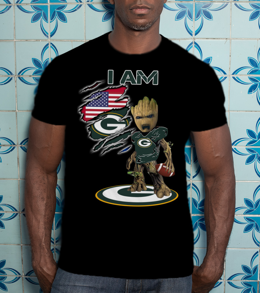 I Am Packers Baby Groot American Flag Football T-Shirt