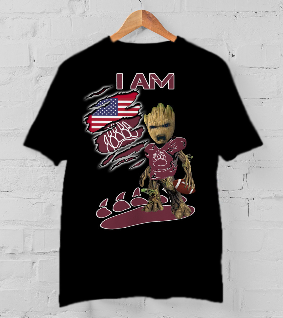 I AM American Flag Football Baby Groot Bear Paw T-Shirt