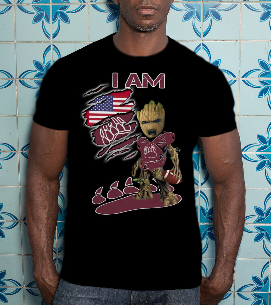 I AM American Flag Football Baby Groot Bear Paw T-Shirt