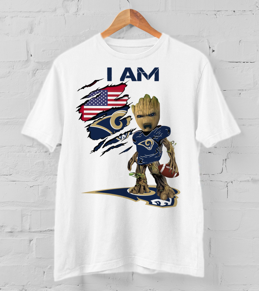 I AM Rams Baby Groot Football USA Flag T-Shirt
