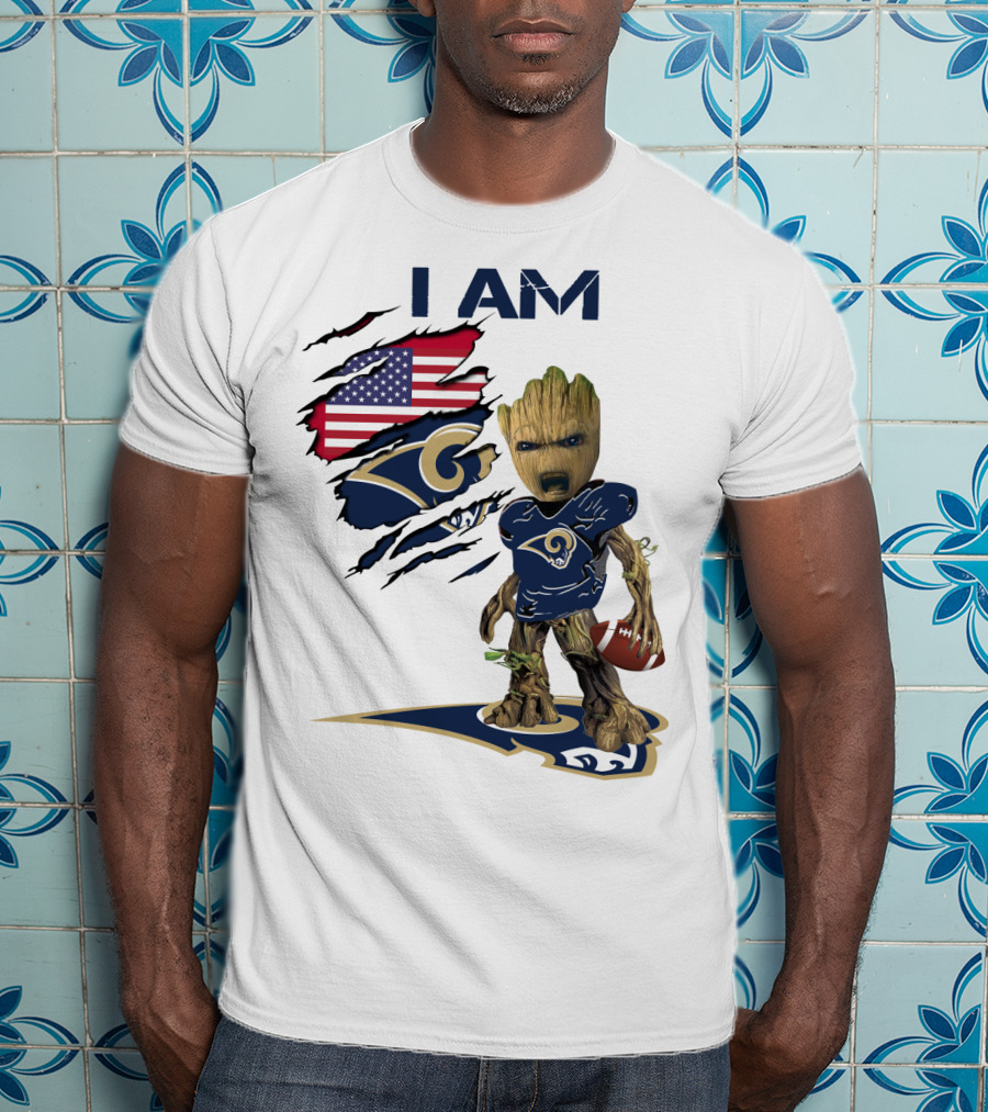 I AM Rams Baby Groot Football USA Flag T-Shirt