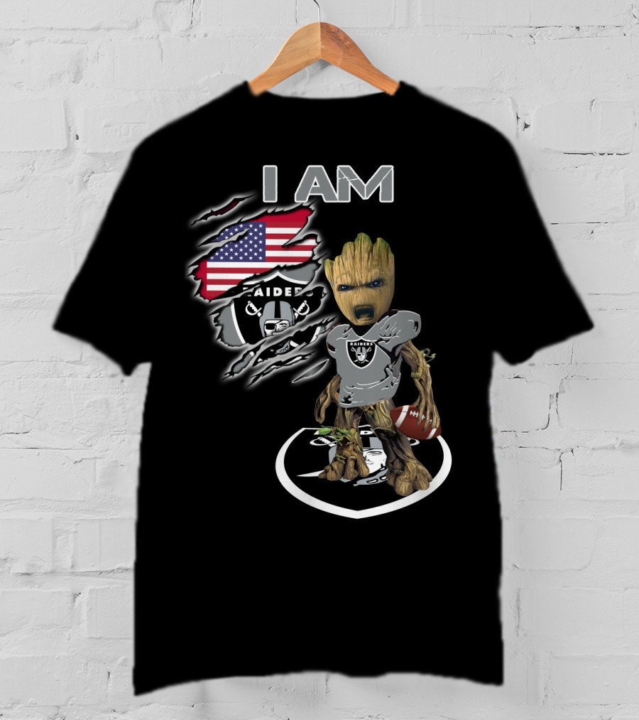 I AM Raiders Baby Groot American Flag Football T-Shirt