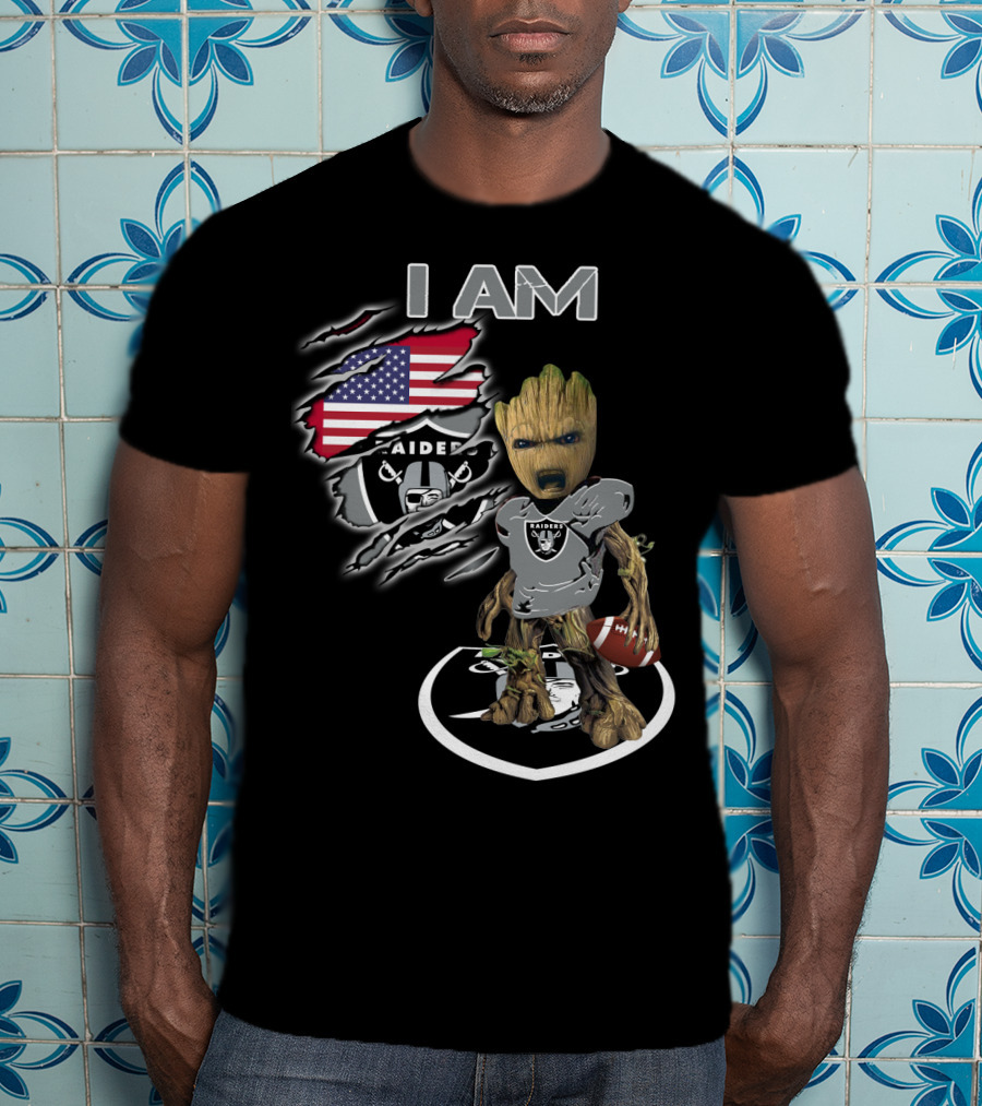 I AM Raiders Baby Groot American Flag Football T-Shirt
