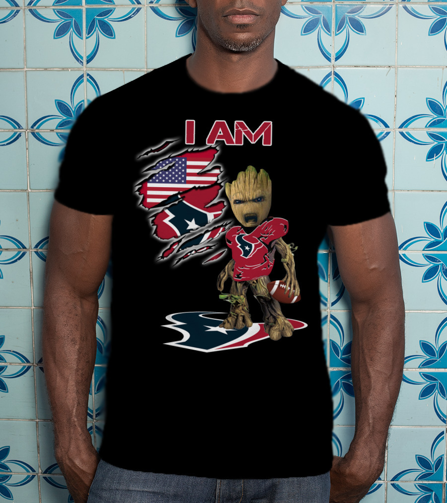 I Am Texans Baby Groot American Flag Football Fan T-Shirt