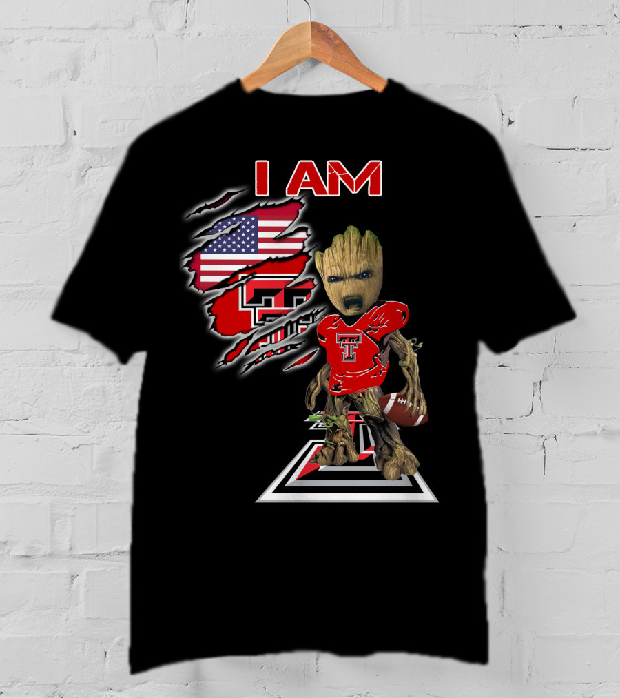 I AM Texas Tech Football American Flag Baby Groot T-Shirt