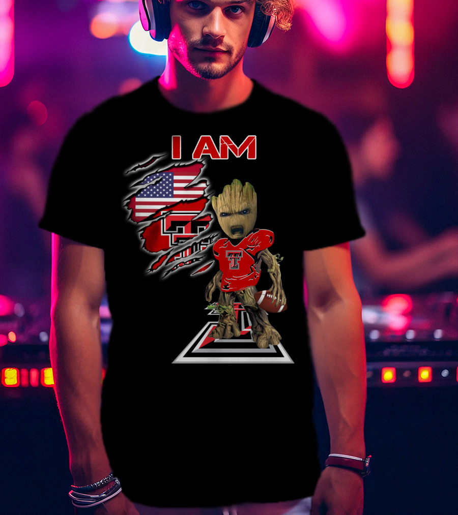 I AM Texas Tech Football American Flag Baby Groot T-Shirt