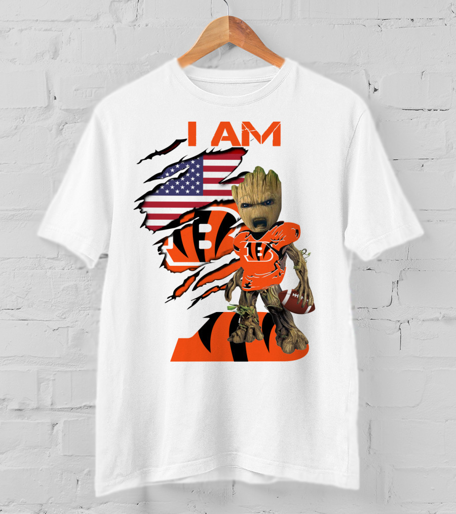 I AM Bengals Baby Groot Football USA Flag T-Shirt