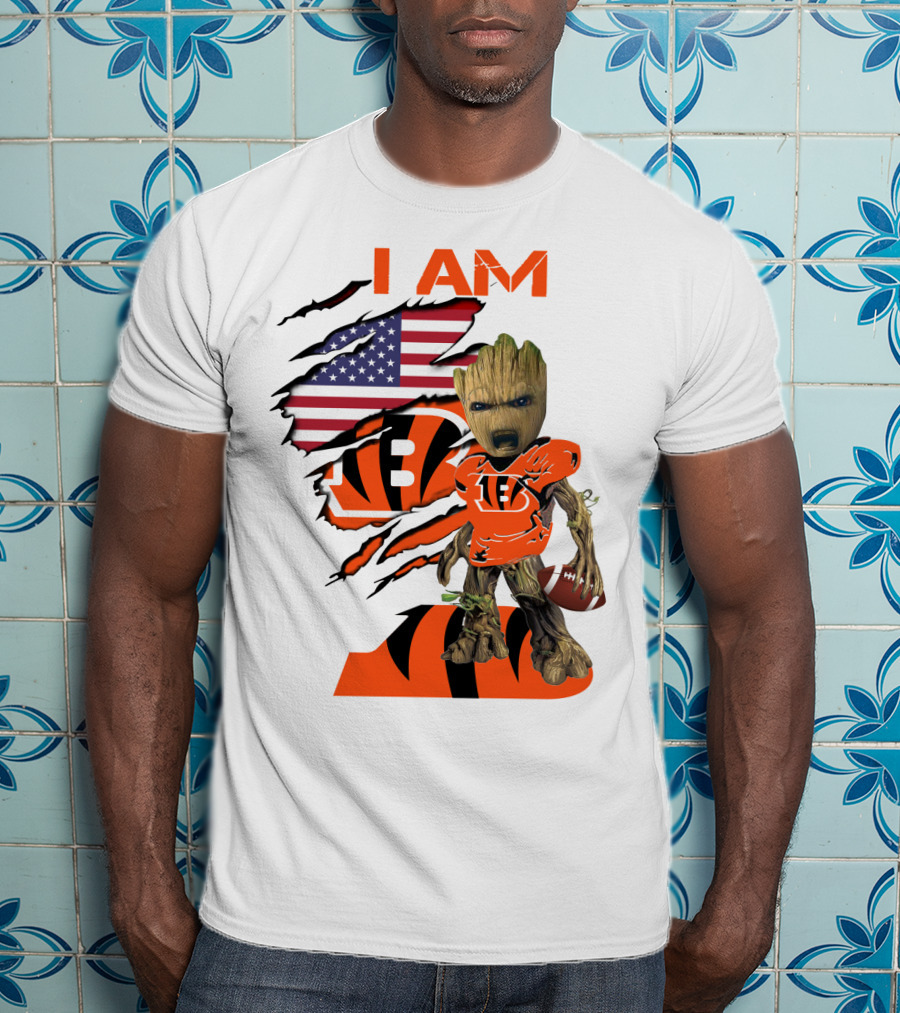 I AM Bengals Baby Groot Football USA Flag T-Shirt