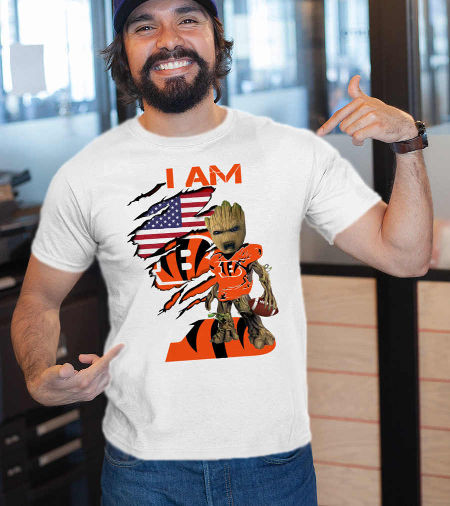 I AM Bengals Baby Groot Football USA Flag T-Shirt