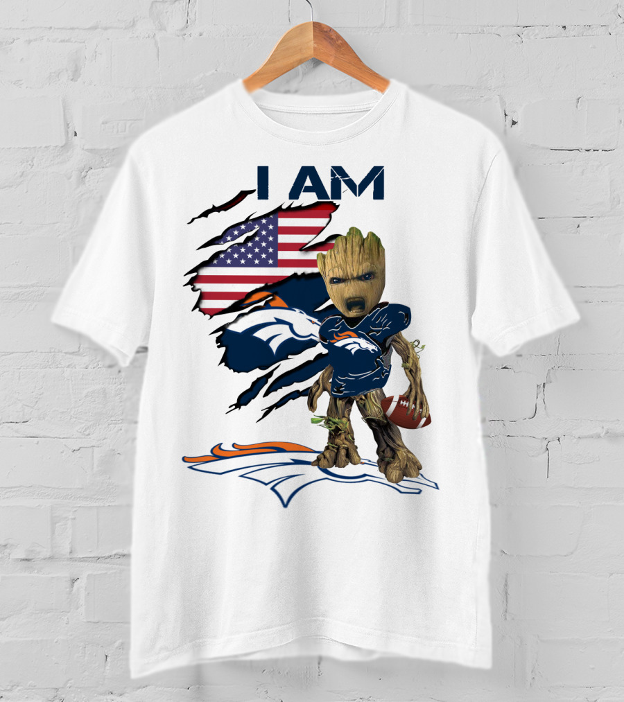 I Am Broncos Baby Groot American Flag Football T-Shirt