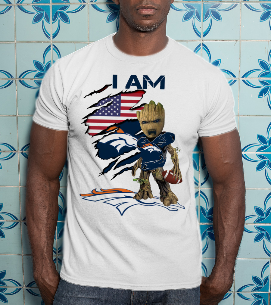 I Am Broncos Baby Groot American Flag Football T-Shirt